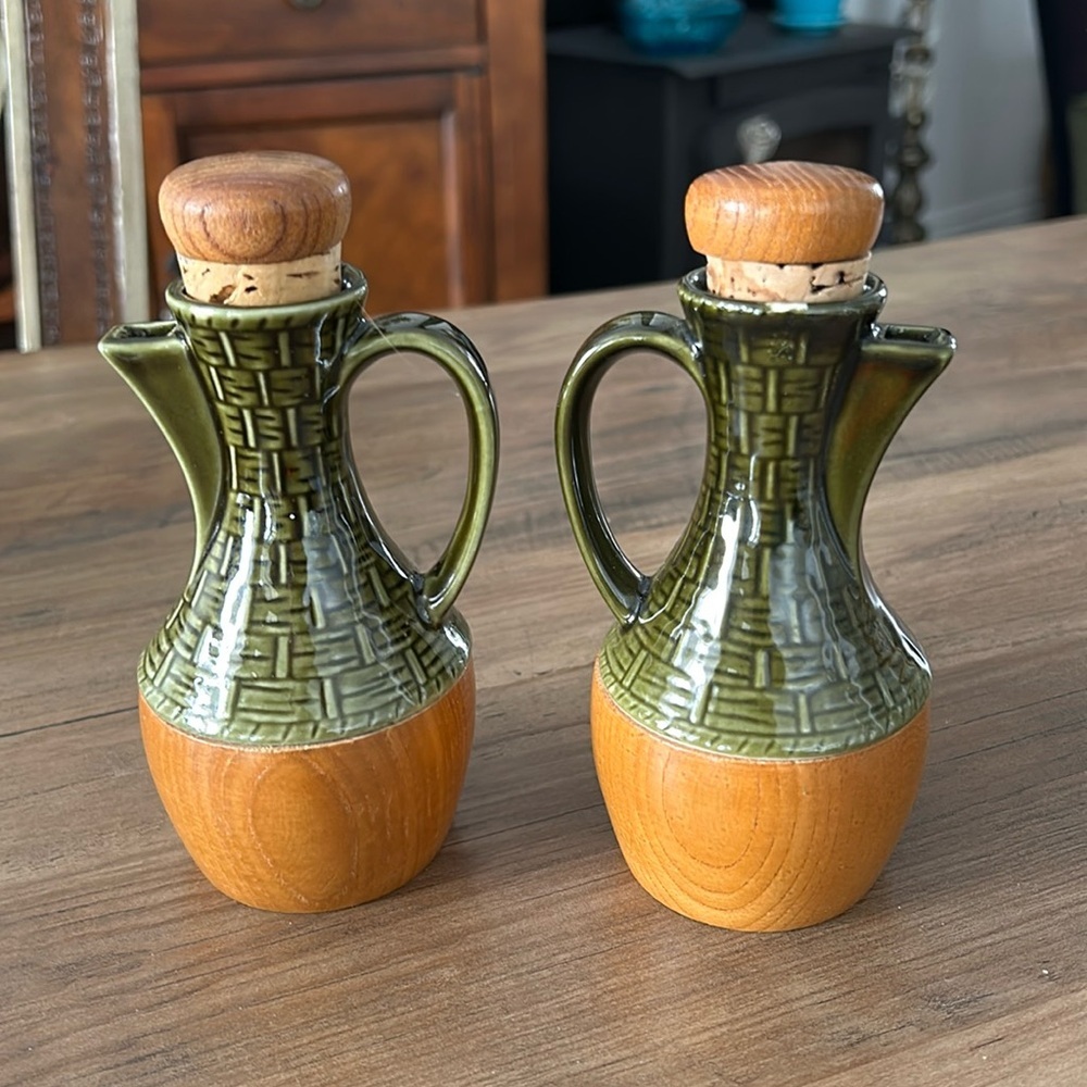 Vintage Condiment Table Set Natural Grained Wood Combination W/ Ceramic 1970'S